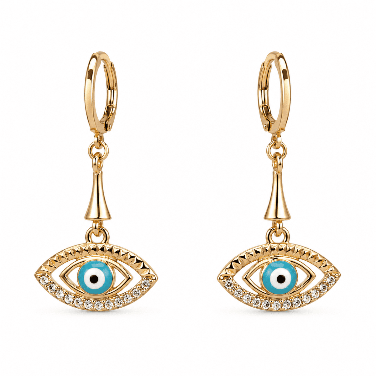 The Side-Eye Charm Drops — Gold Plated Evil Eye Drop Earrings by House of Zena, flat lay