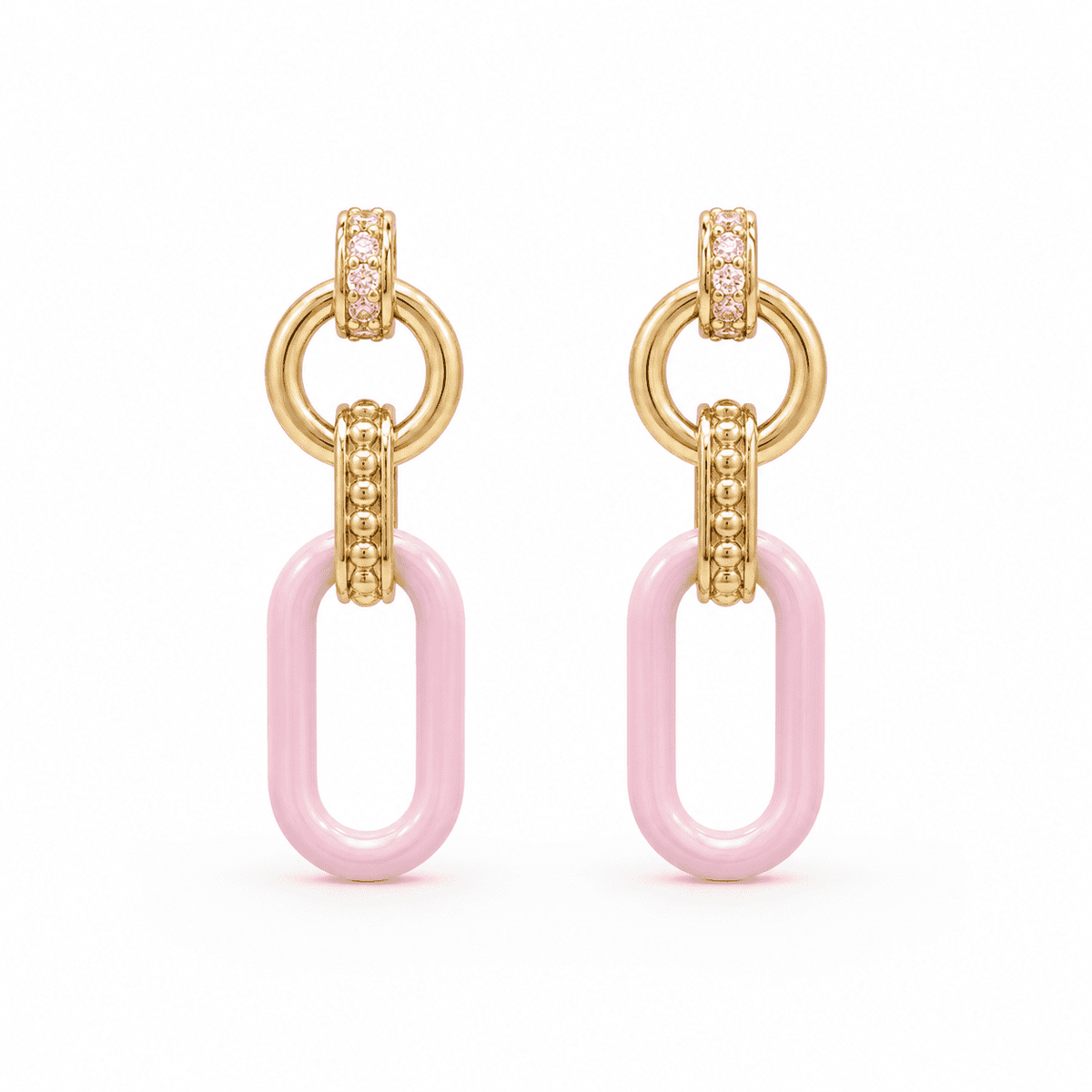 The Pink Lemonade Link Drops — Gold Plated Blush Link Drop Earrings by House of Zena, flat lay