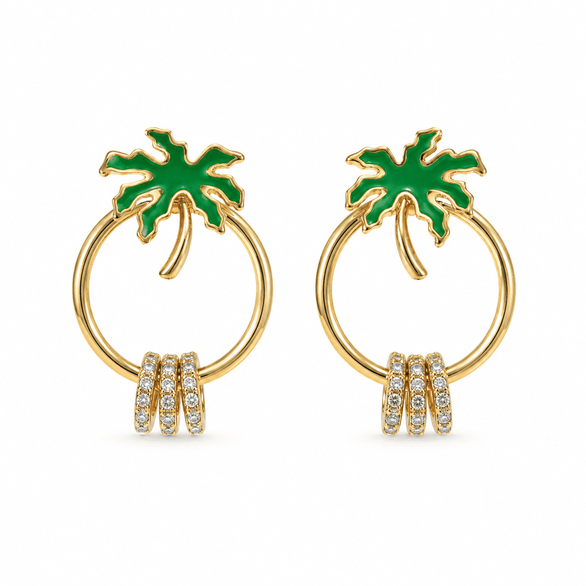 The Coconut Tree Resort Hoops — Gold Plated Palm Aura Crystal Hoop Earrings by House of Zena, flat lay