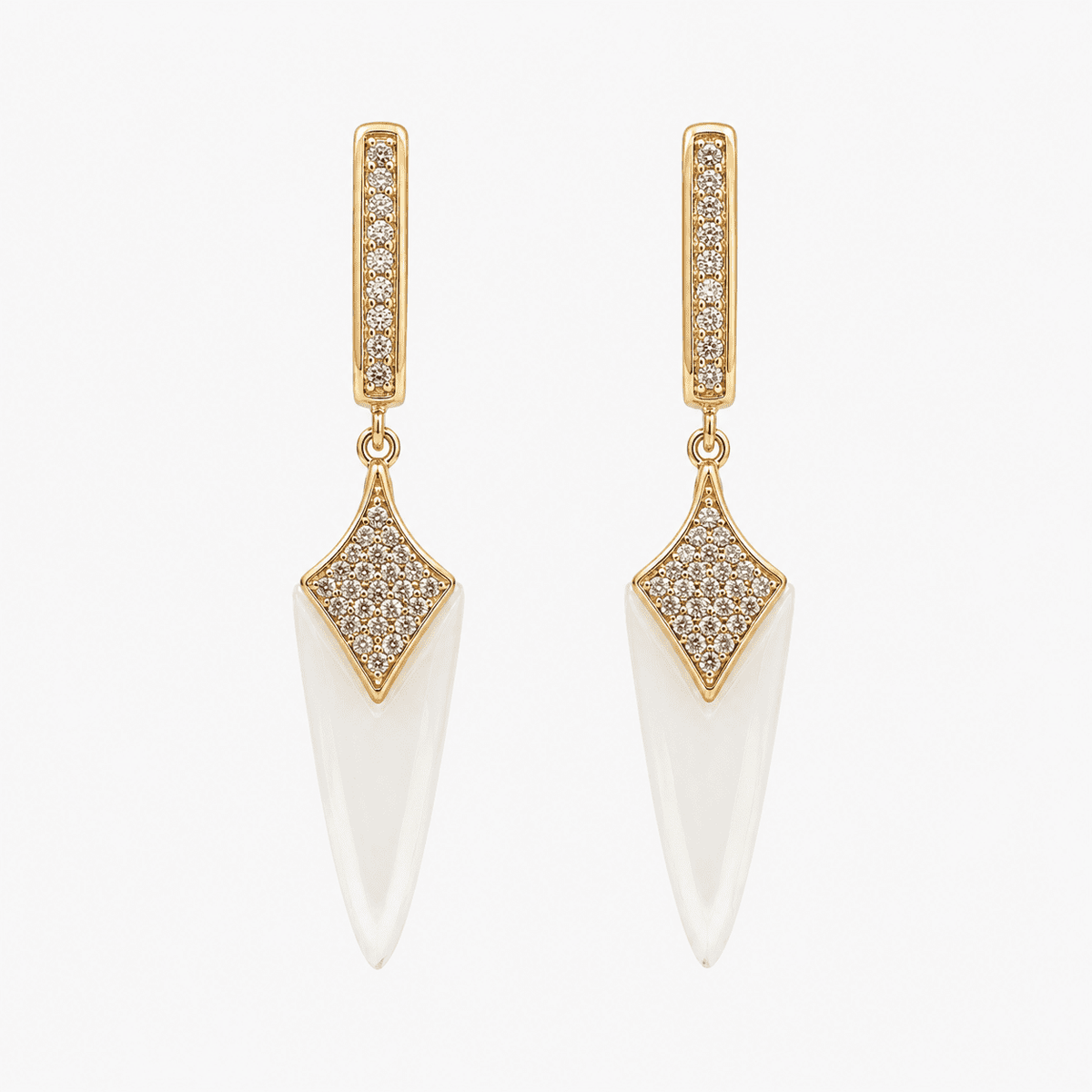 The Coconut Milk Prism Drops — Gold Plated Ivory Prism Drop Earrings by House of Zena, worn on model
