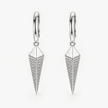 The Diamond Dust Prism Drops — Silver-Tone Silver Prism Luxe Drop Earrings by House of Zena, flat lay