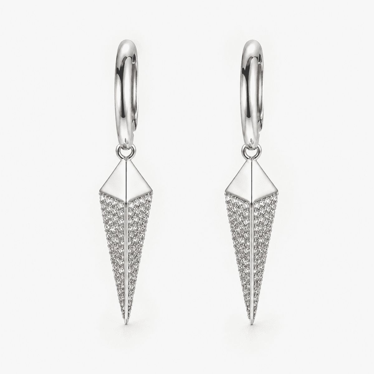 The Diamond Dust Prism Drops — Silver-Tone Silver Prism Luxe Drop Earrings by House of Zena, flat lay