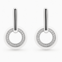 The Floating Orbit Sphere Drops — Silver-Tone Halo Orbit Earrings by House of Zena, worn on model