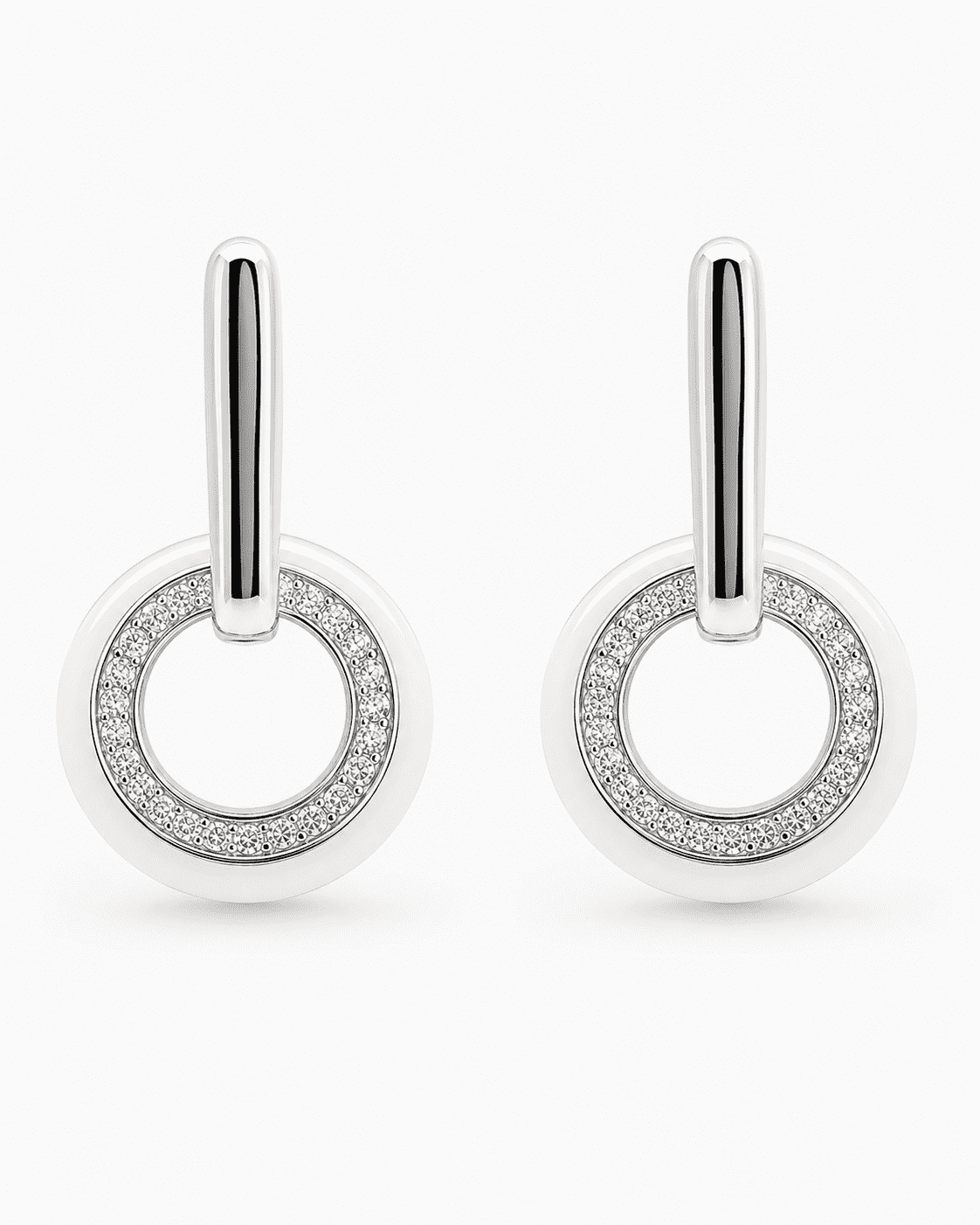 The Floating Orbit Sphere Drops — Silver-Tone Halo Orbit Earrings by House of Zena, worn on model