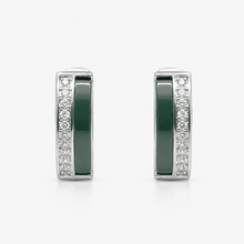 The Mint Mojito Edge Hoops — Silver-Tone Emerald Edge Hoop Earrings by House of Zena, worn on model