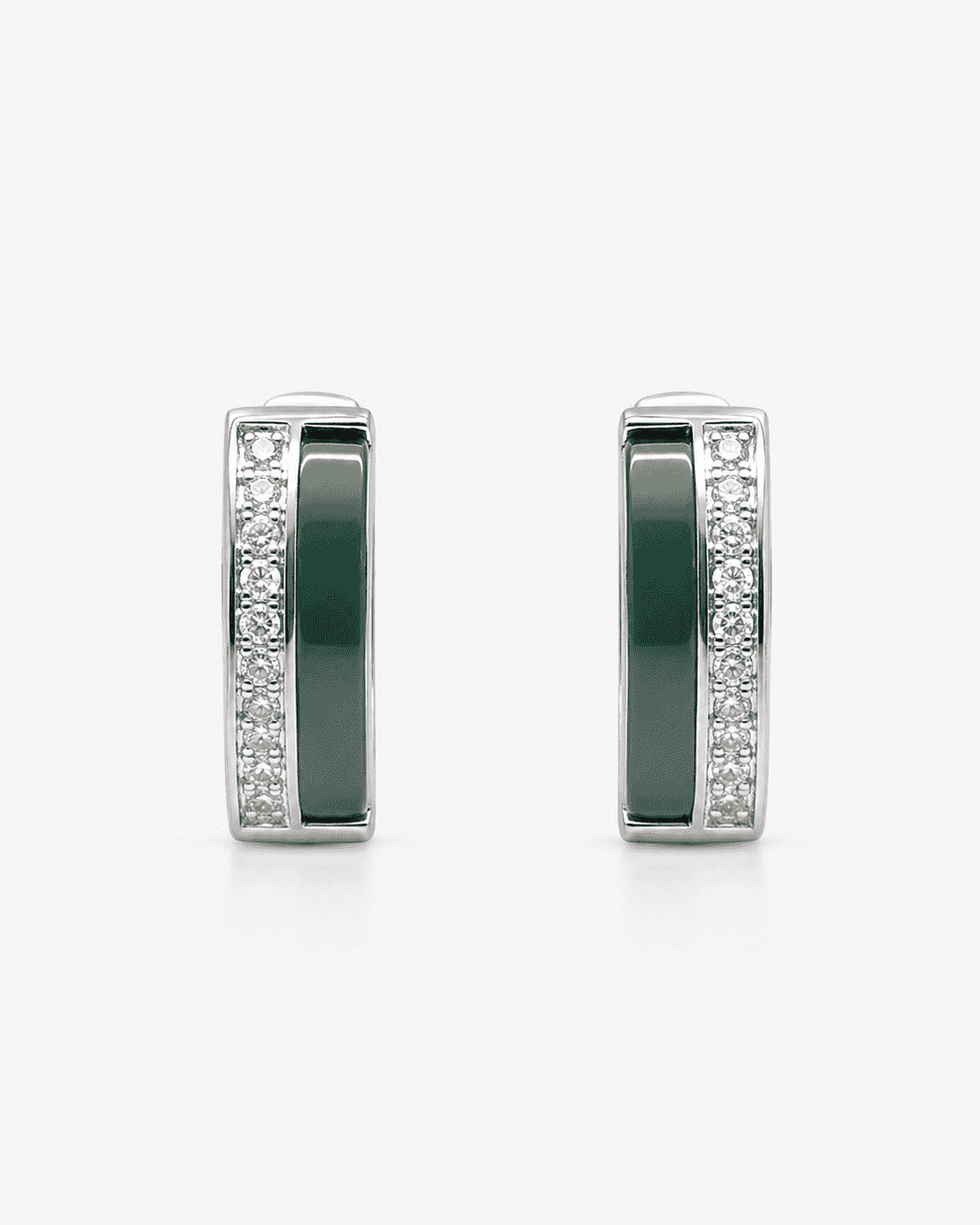 The Mint Mojito Edge Hoops — Silver-Tone Emerald Edge Hoop Earrings by House of Zena, worn on model