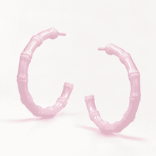 The Rose Quartz Bamboo Hoops — Gold Plated Blush Bamboo Hoop Earrings by House of Zena, worn on model