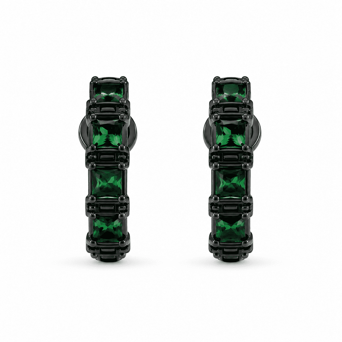The Pistachio Truffle Hoops — Gold Plated Emerald Noir Hoop Earrings by House of Zena, worn on model