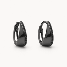 The Tuxedo Edge Hoops — Gold Plated Edge Hoop Earrings by House of Zena, worn on model