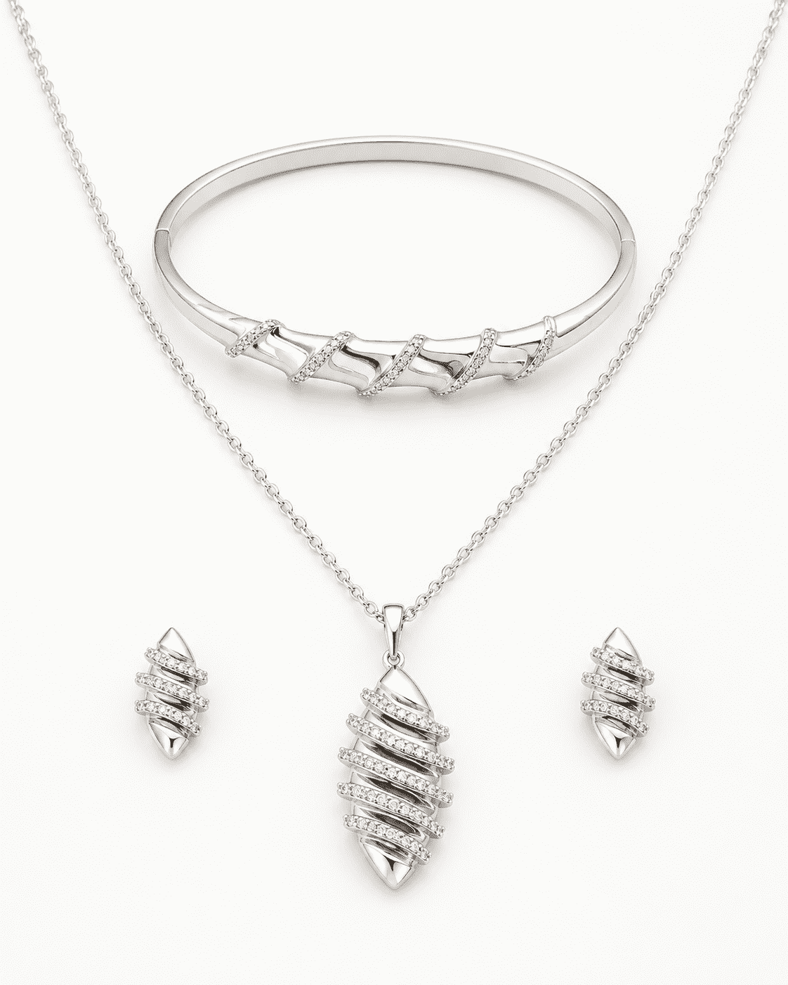 The "Rich Auntie" 3-Piece Power Set — Silver-Tone Wave 3-Piece Jewellery Set by House of Zena, flat lay