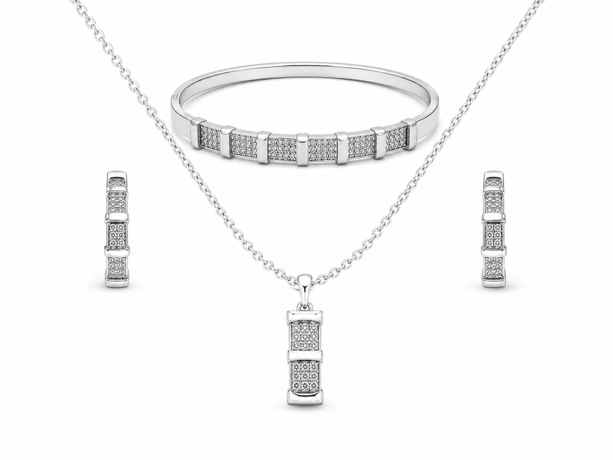 The "Out of Office" 3-Piece Power Set — Silver-Tone Grid 3-Piece Jewellery Set by House of Zena, flat lay