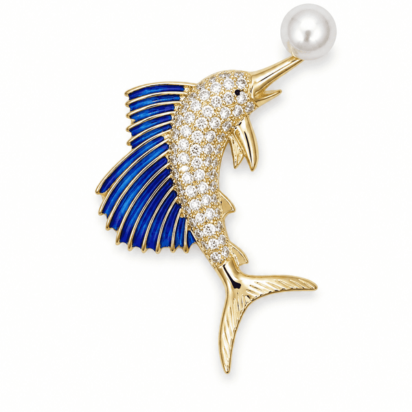The Royal Crest Baroque Brooch — Gold Plated Azure Crest Pearl Brooch by House of Zena, front view — Anti-Tarnish Waterproof Jewellery | House of Zena