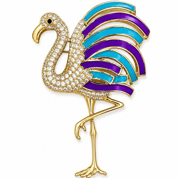 The Miami Flamingo Statement Brooch — Gold Plated Flamingo Brooch by House of Zena, front view — Anti-Tarnish Waterproof Jewellery | House of Zena