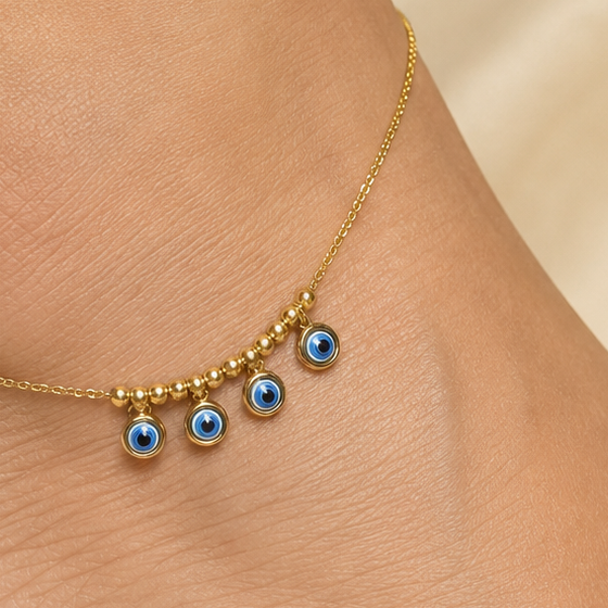 The "Watch Your Step" Nazar Anklet — Gold Plated Nazar Anklet by House of Zena, front view — Anti-Tarnish Waterproof Jewellery | House of Zena
