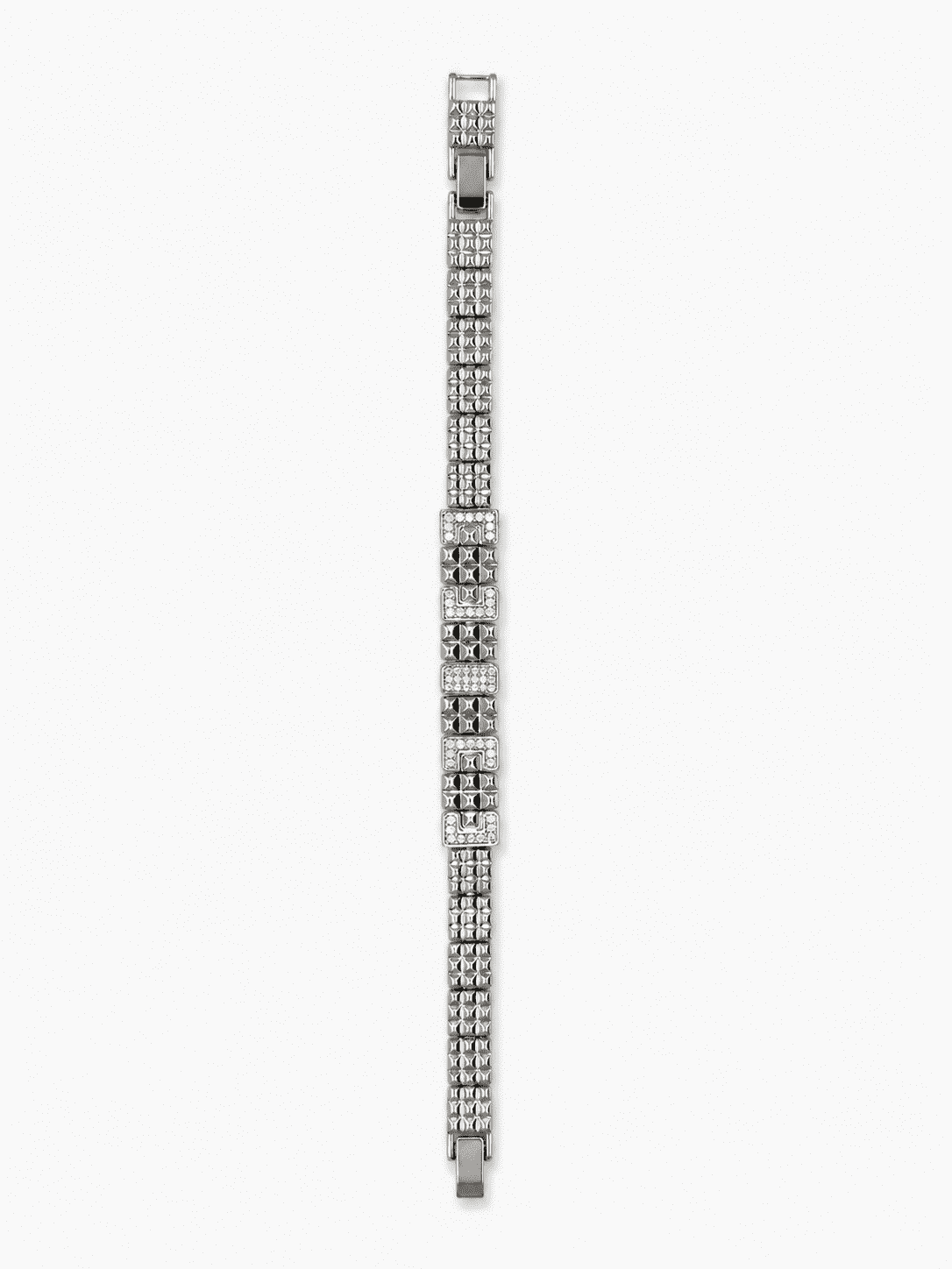 The Milanese Woven Grid Chain — Silver-Tone Grid Bracelet by House of Zena, worn on model