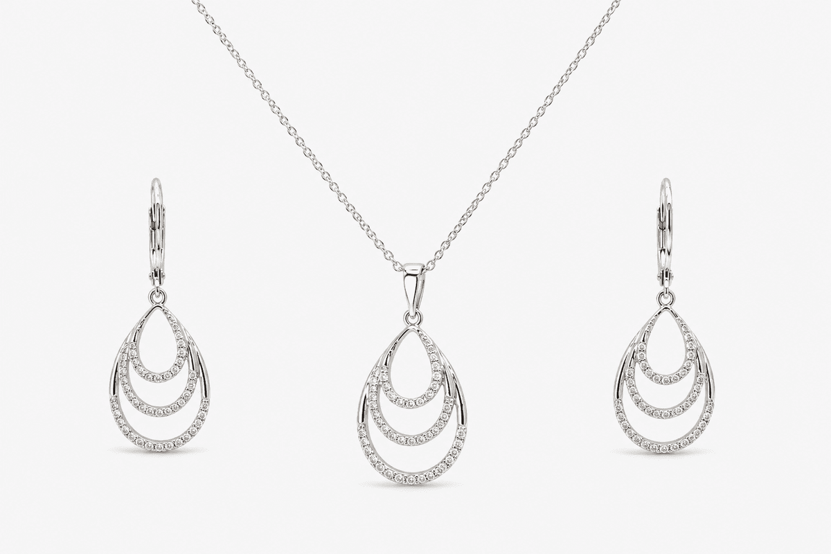 The Champagne Tower Cascade Set — Gold Plated Avelisse Cascade Pendant Set by House of Zena, flat lay