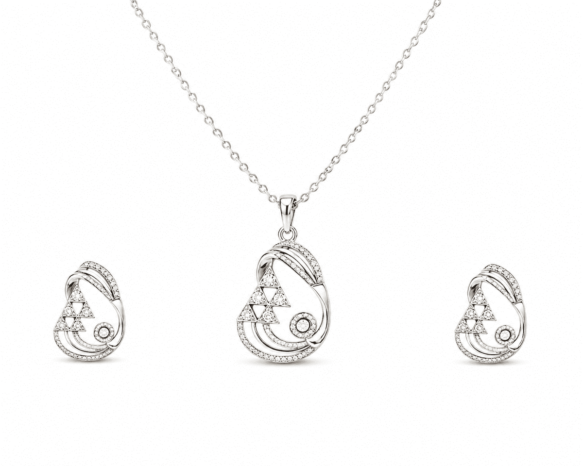 The Great Gatsby Cocktail Set — Silver-Tone Geometric Pendant Set by House of Zena, flat lay