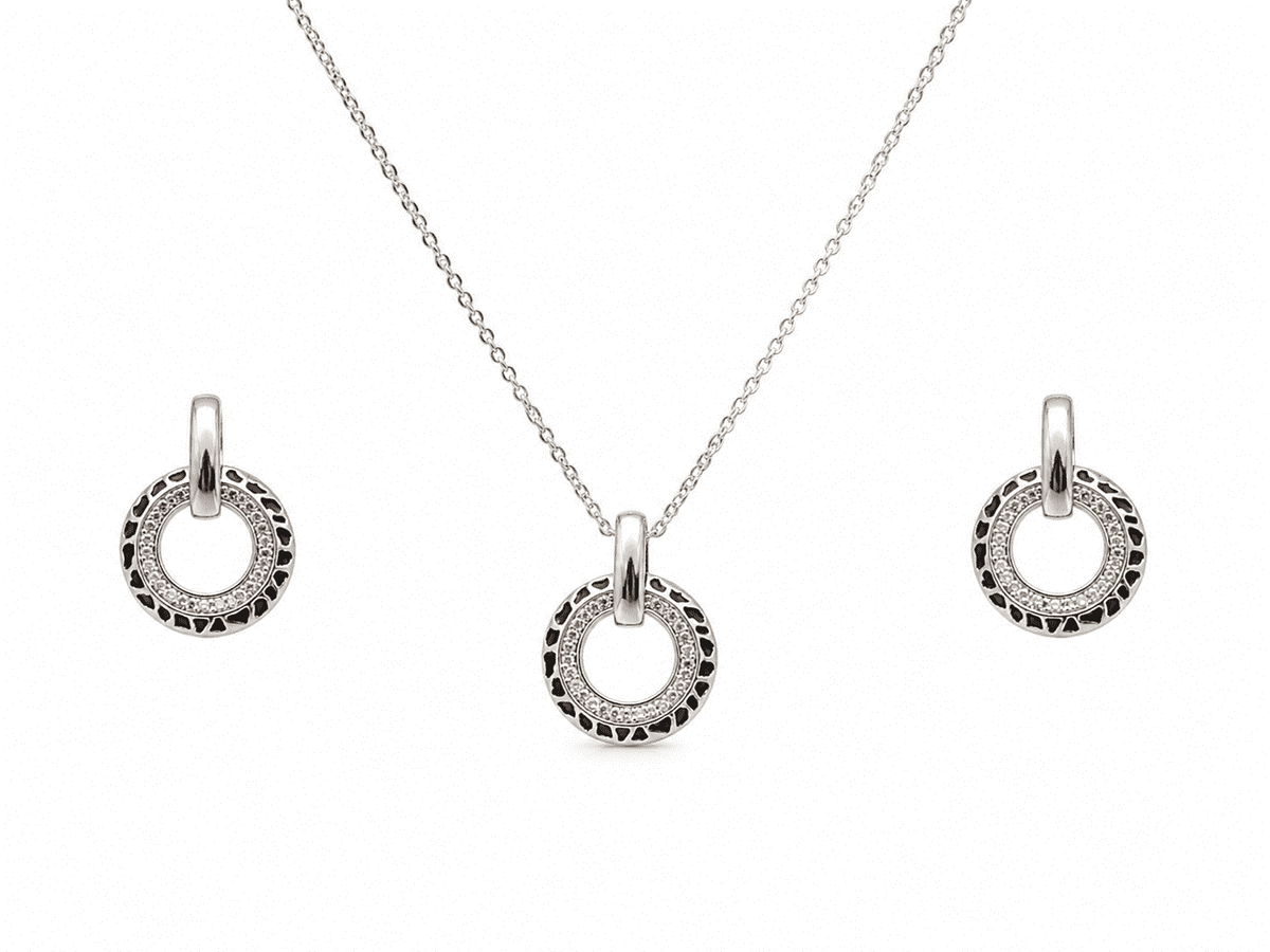 The Black Truffle Midnight Set — Silver-Tone Halo Pendant Set by House of Zena, flat lay