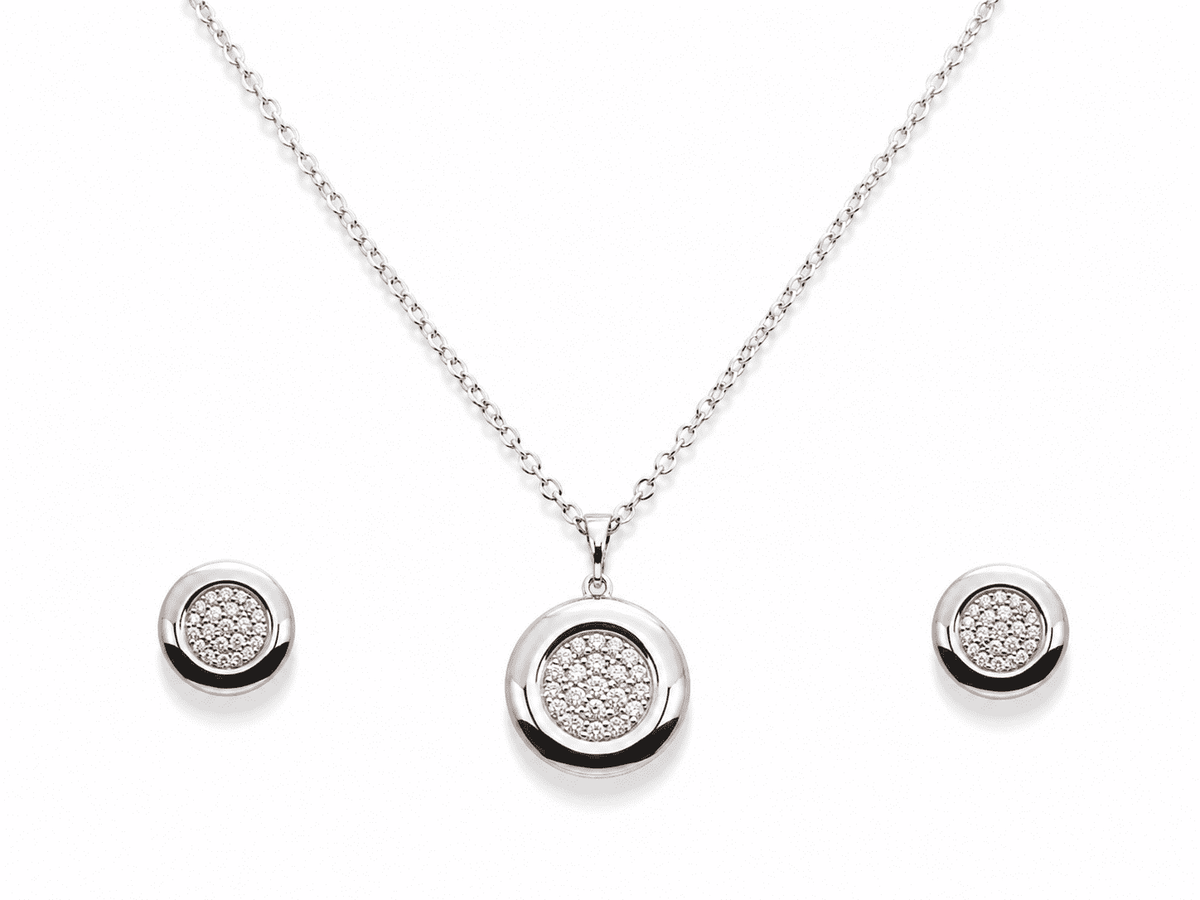 The Mooncake Pearl Glow Set — Silver-Tone Glow Pendant Set by House of Zena, flat lay