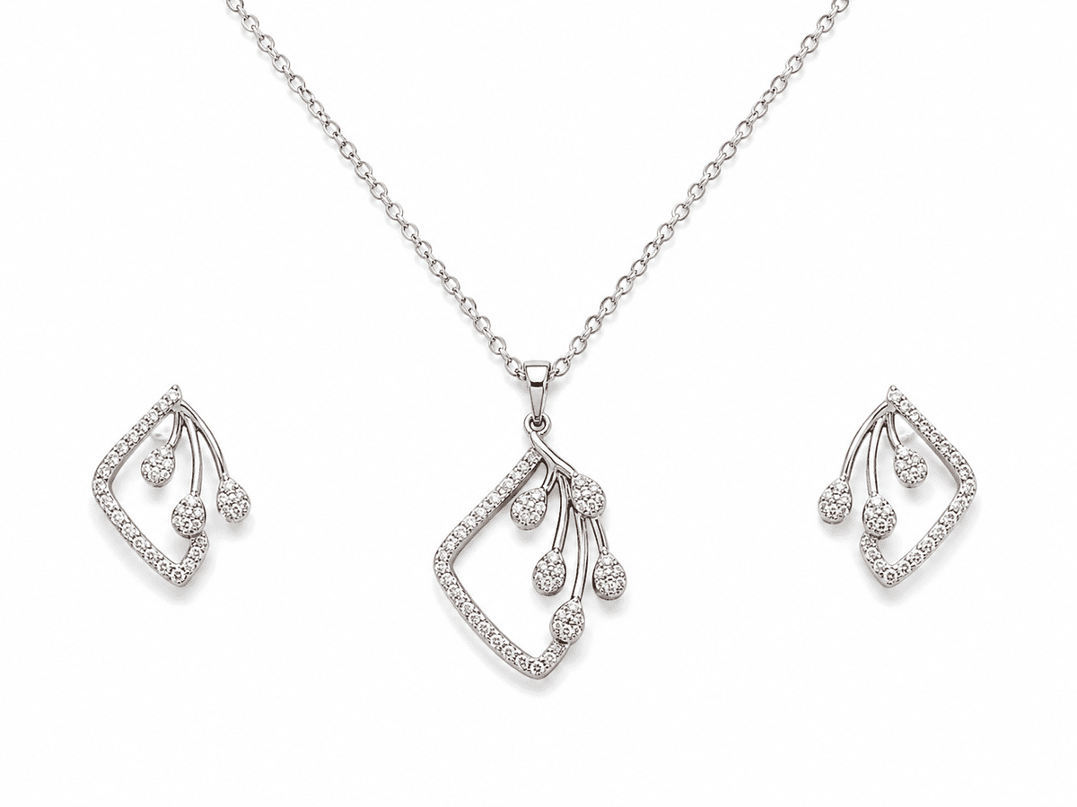 The Morning Dewdrop Set — Silver-Tone Dewdrop Elegance Pendant Set by House of Zena, flat lay