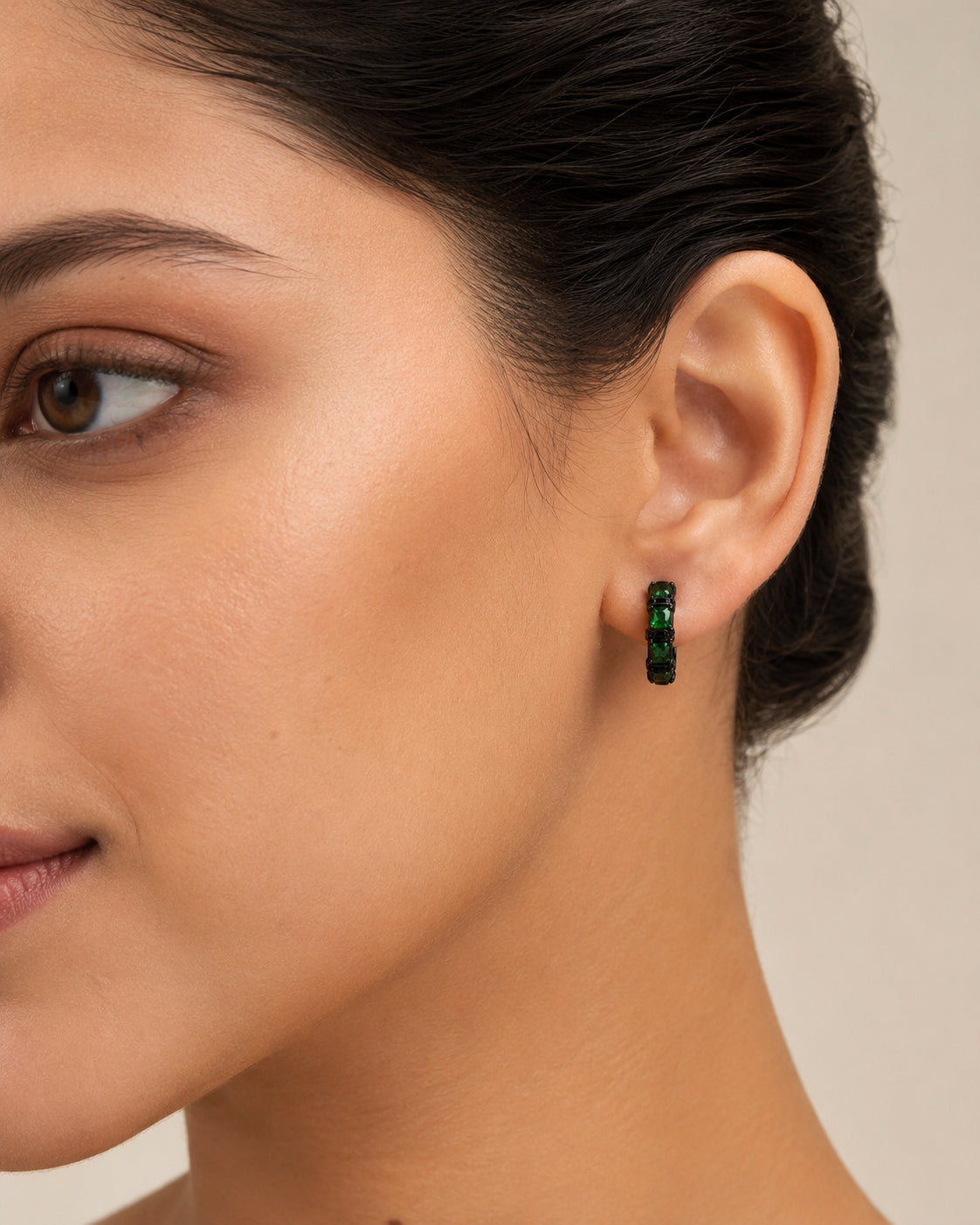 The Pistachio Truffle Hoops — Gold Plated Emerald Noir Hoop Earrings by House of Zena, styled on model