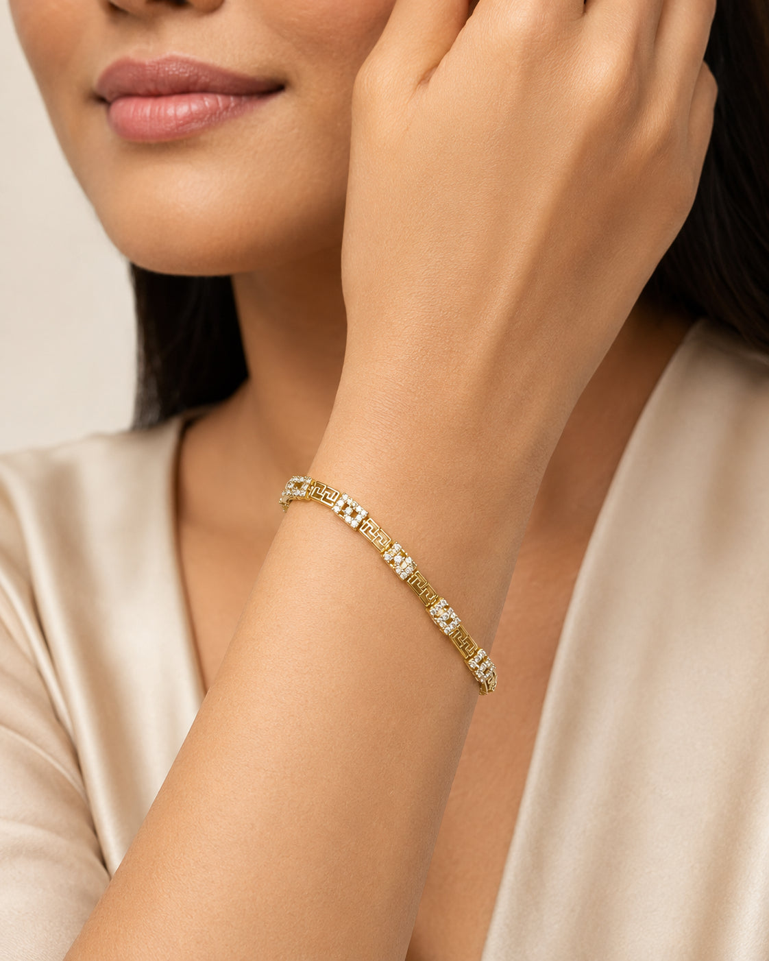 The Spartan Key Link Chain — Gold Plated Astera Greek Link Bracelet by House of Zena, styled on model