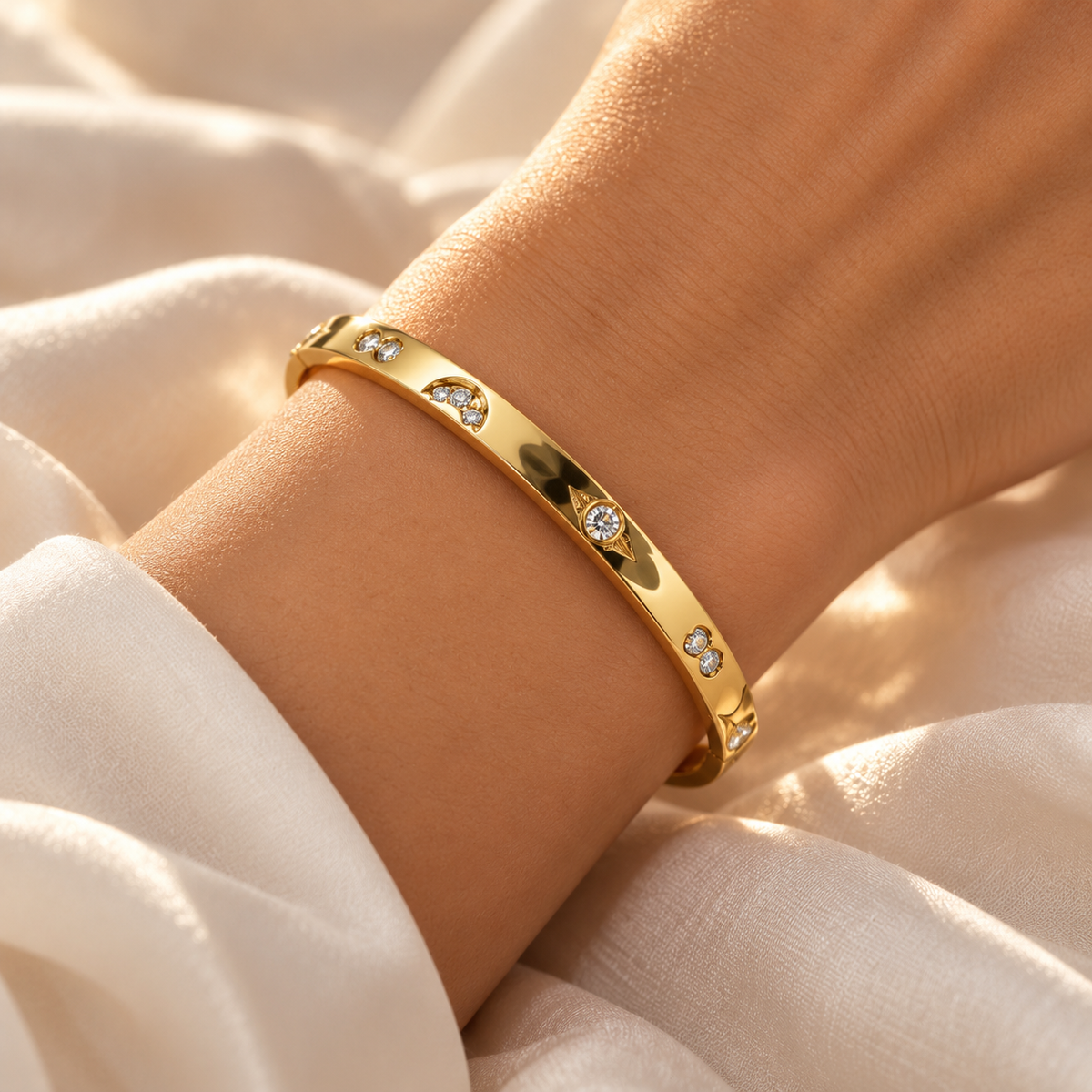 The Midnight Aperitivo Pavé Bangle Bracelet — Intimate On-Model Macro Detail