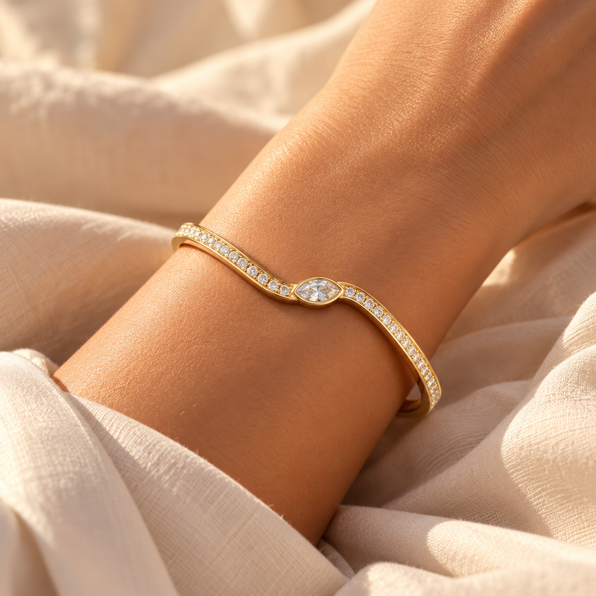The "Liquid Asset" Sculpted Cuff Bracelet — Intimate On-Model Macro Detail