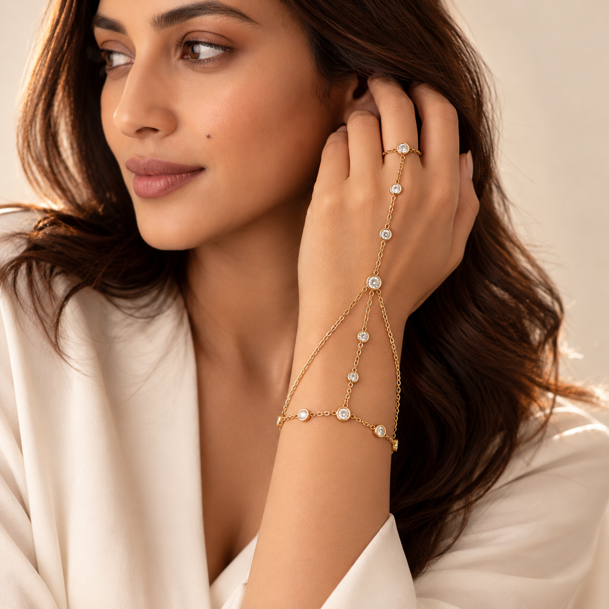 The Maharani Rosette Pavé Hathphool Hand Chain — Official House of Zena Editorial Campaign